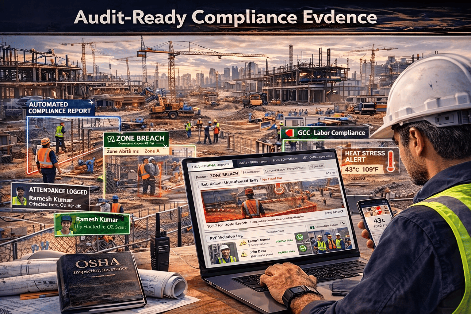 Construction site compliance review at dusk