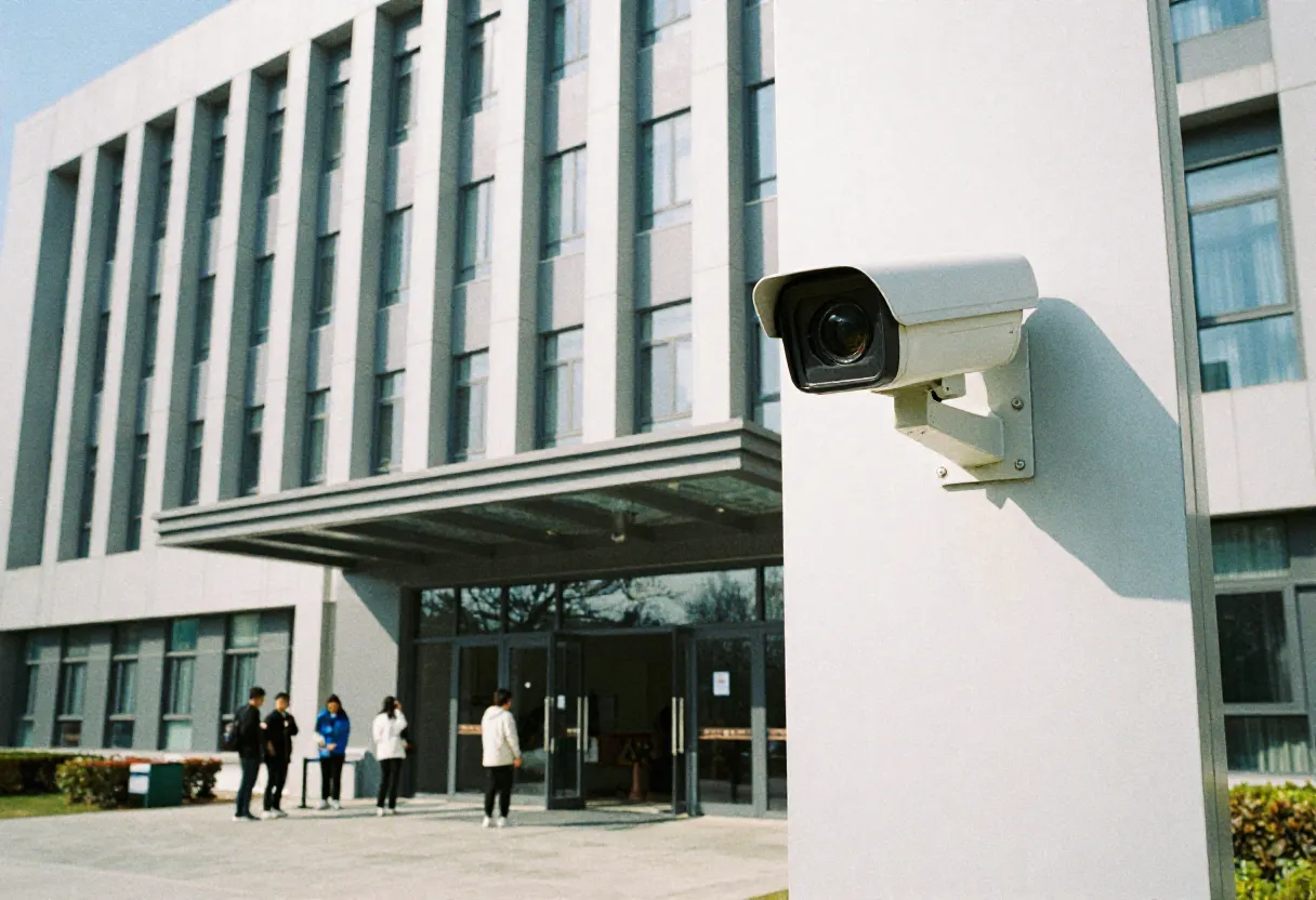 Modern sleek campus building with AI surveillance